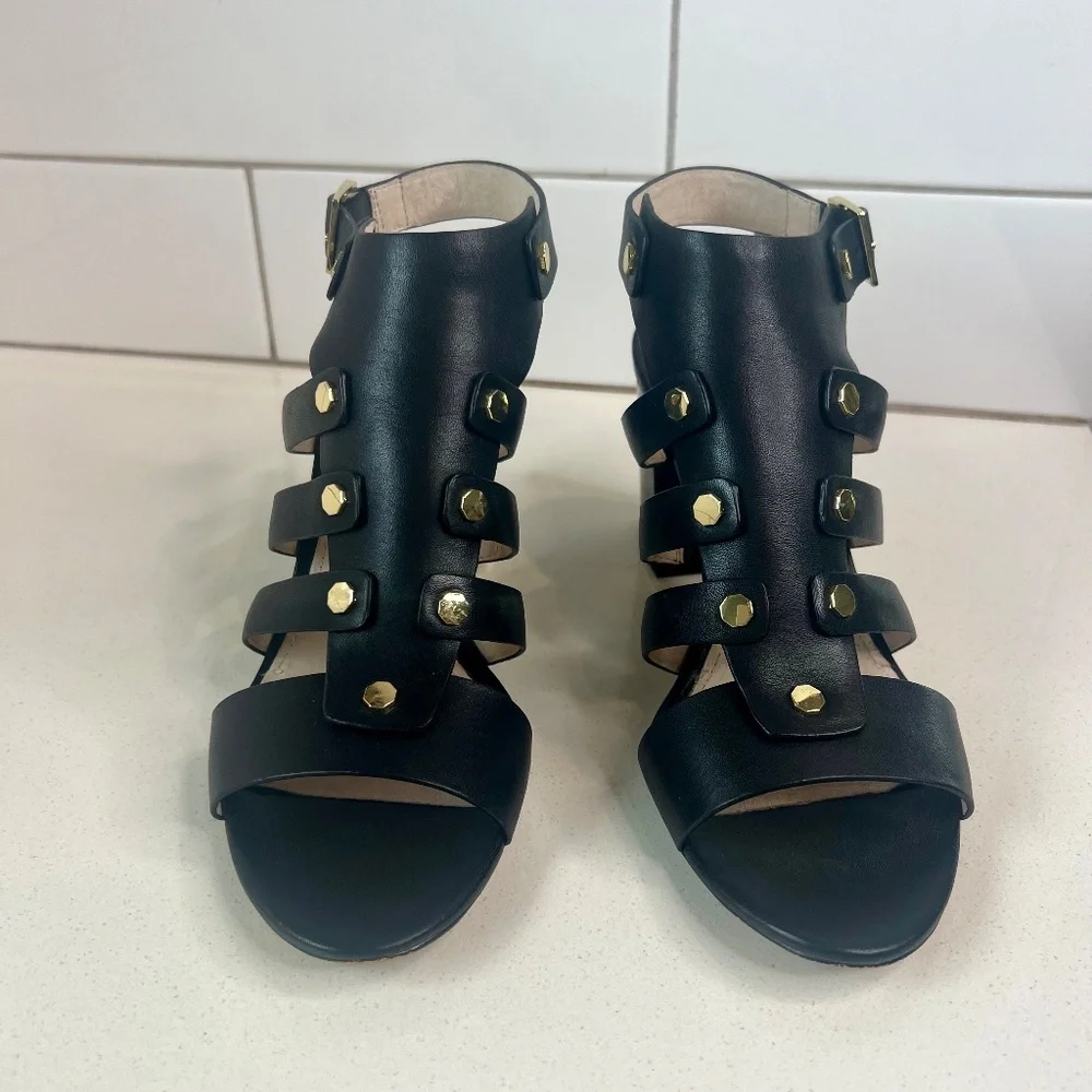 Louise et Cie Lo-Vira black leather sandals, tortoise color block heel - Picture 3 of 15